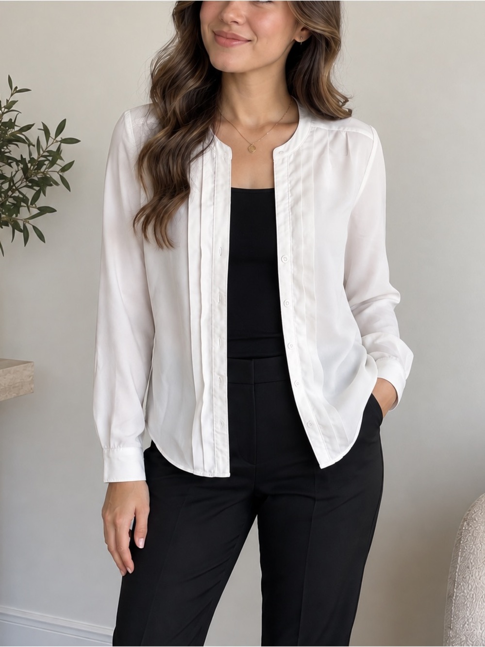 Banana Republic White Pintuck Collarless Button-Down Blouse